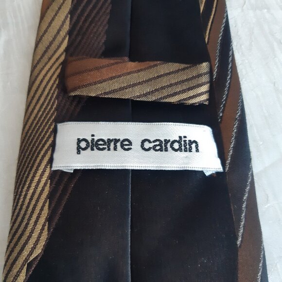 Vintage Pierre Cardin Tie 4" Silk Diagonal Stripe, Browns & Tan/Gold - Picture 2 of 10